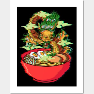 Vaporwave Japanese Ramen Dragon Noodle Food Gltich Posters and Art